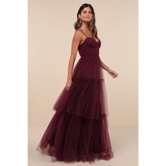 NWOT Lulus Unforgettable Poise Plum Purple Tulle Bustier Tiered Maxi Dress Sz L - Picture 1 of 6